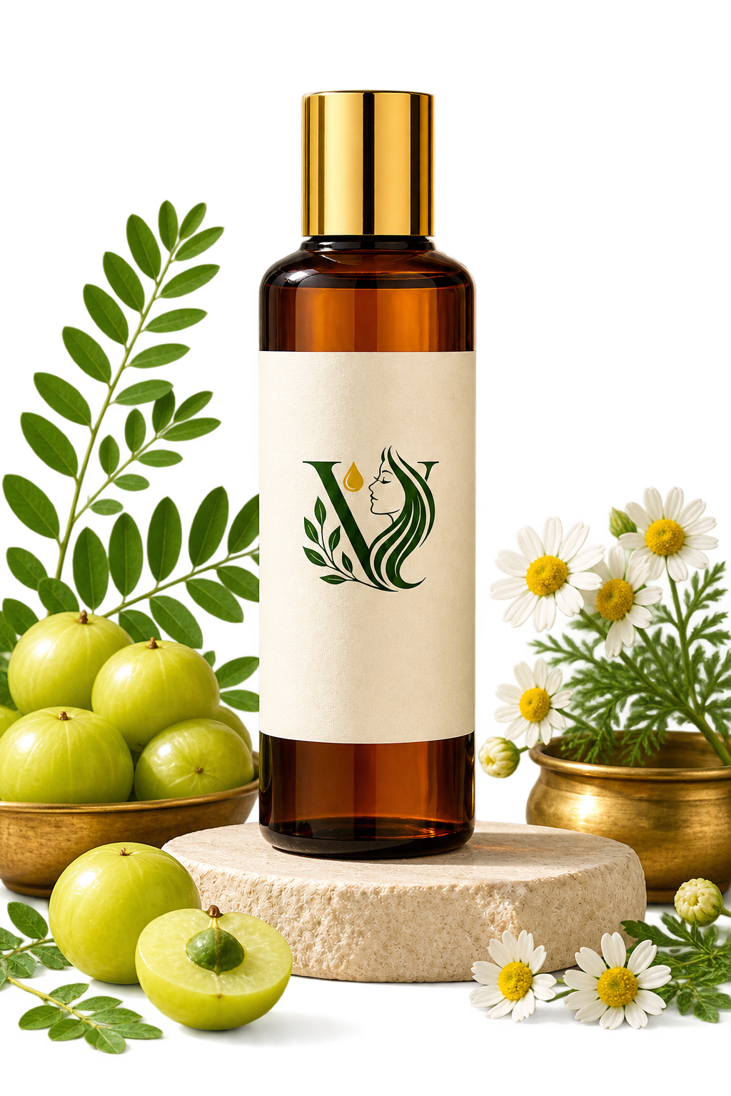 Brigha Amla Hair Oil bottle with amla fruit and flowers