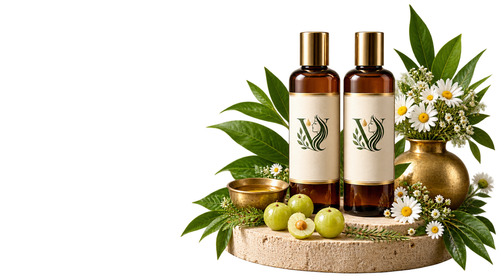 Two Ayurvedic hair oil bottles surrounded by botanicals