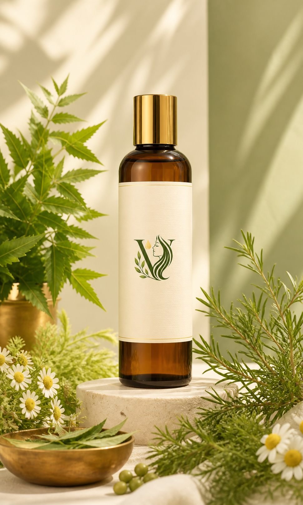 Neem and Tea Tree Hair Oil bottle with herbs and flowers